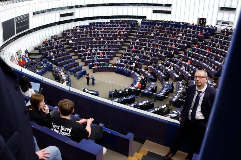 Parliament members attend a session at the European Parliament, Tuesday, April 23, 2024 in Strasbourg, eastern France. (AP Photo/Jean-Francois Badias)