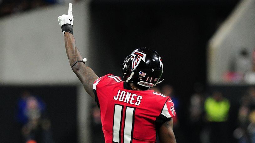Falcons' Julio Jones reacts to a play during the first half against the Carolina Panthers at Mercedes-Benz Stadium on Dec. 31, 2017, in Atlanta.