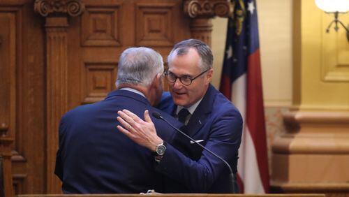 House Speaker David Ralston and Lt. Gov. Casey Cagle embrace on Sine Die. PHOTO / JASON GETZ