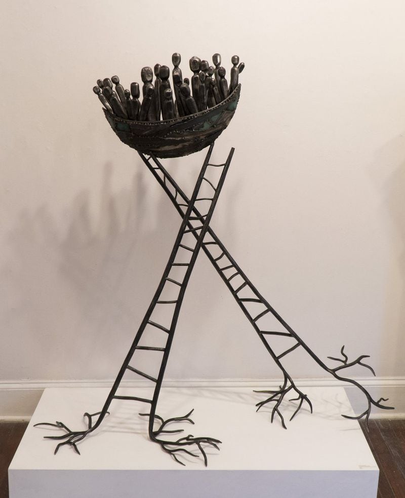 Corrina Sephora Mensoff’s “Uprooted Voyagers” in forged and fabricated steel, recycled steel appears in the two-person show “Voyages Unforeseen” at Kibbee Gallery alongside work by Susan Ker-Seymer.