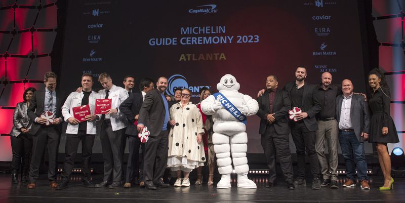 Chefs and owners of Atlanta's Michelin-starred restaurants are seen during the Atlanta Michelin Guide gala ceremony Tuesday, Oct. 24, 2023 at the Rialto Center for the Arts in Atlanta. (Daniel Varnado/ For the AJC)