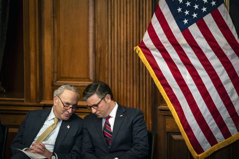  A plan to temporarily fund the government and avoid Friday’s partial shutdown deadline has taken shape and is backed by Senate Majority Leader Chuck Schumer, D-N.Y., (left) and House Speaker Mike Johnson, R-La. (Haiyun Jiang/The New York Times)