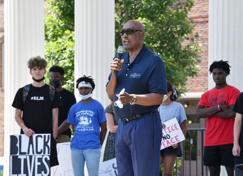 Madison Mayor Fred Perriman speaks as Morgan County residents gather at the Town Park in downtown Madison before a peaceful, youth-led march on Friday, June 19, 2020. HYOSUB SHIN / HYOSUB.SHIN@AJC.COM