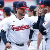 Cleveland Guardians manager Stephen Vogt is introduced before a baseball game against the Chicago White Sox, Monday, April 8, 2024, in Cleveland. (AP Photo/Ron Schwane)