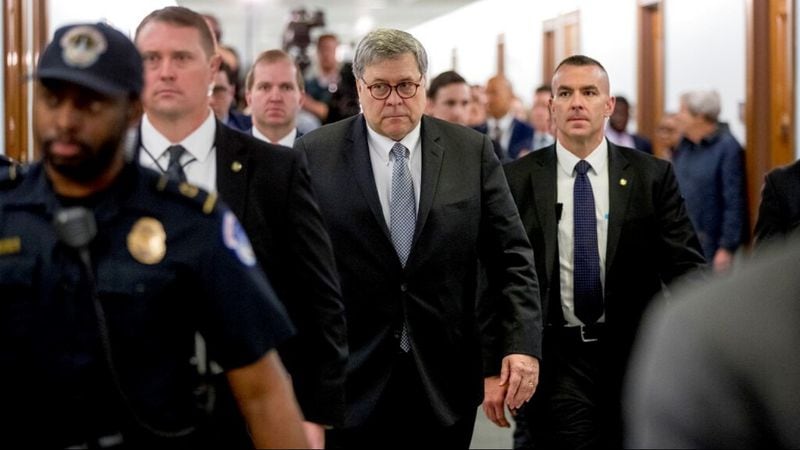 Attorney General William Barr departs following a Senate Appropriations subcommittee to make his Justice Department budget request, Wednesday, April 10, 2019, in Washington, a day after telling House lawmakers that he expects to release a redacted version of special counsel Robert Mueller's report "within a week." At the House hearing, Barr bluntly defended himself, arguing that portions of the document need to be redacted to comply with the law.  