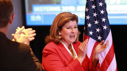 Republican incumbent Karen Handel at her election watch party early Wednesday. Curtis Compton/ccompton@ajc.com