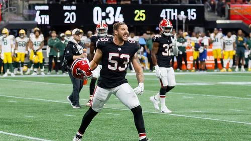 Falcons linebacker Nate Landman (53) races after the f=Falcons took position of the ball in the last seconds of the game. The Falcons rallied from behind to beat the Green Bay Packers 25-24 at Mercedes-Benz Stadium on Sunday, Sept. 17, 2023, in Atlanta.  Miguel Martinz/miguel.martinezjimenez@ajc.com