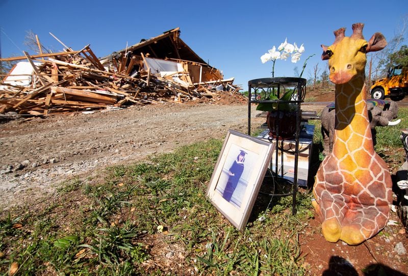 Personal items sit in front of what's left of a house that was damaged during Monday nights tornado on Trinity Road in Thomaston, GA.  Monday, April 13, 2020. STEVE SCHAEFER / SPECIAL TO THE AJC