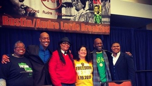 Craig Washington (second from left) poses with Mellonee Rheams, Darlene Hudson, Anneliese Singh, Kirk Surgeon and Ashe Helm-Hernandez at the 2015 Rustin-Lorde Breakfast. Hudson (third from left) co-founded the annual event. CONTRIBUTED