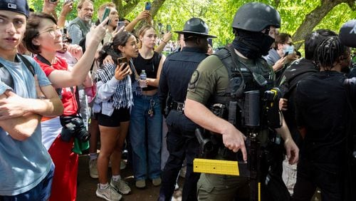 Pro-Palestinian protesters rally at the Emory campus on Atlanta on Thursday, April 25, 2024. (Arvin Temkar / AJC)
