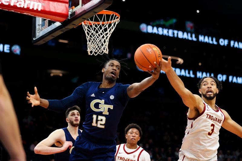 Georgia Tech forward Khalid Moore goes for the ball against USC Dec. 18, 2021 at the Jerry Colangelo Classic at the Footprint Center in Phoenix. (Marlee Smith/Georgia Tech Athletics)