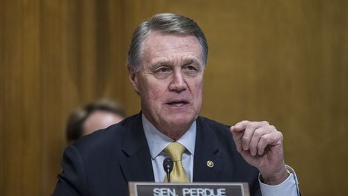 Georgia U.S. Sen. David Perdue questions Secretary of State Mike Pompeo during a hearing on June 11, 2019. (Photo by Zach Gibson/Getty Images)