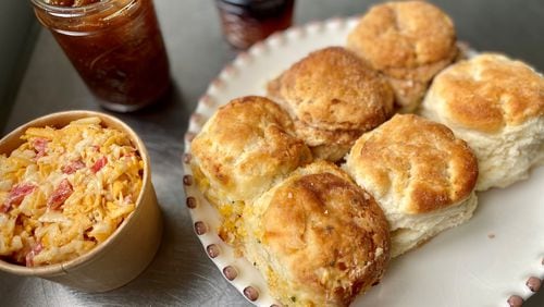 Hutchinson’s Finest Biscuits sells classic Southern biscuits and delicious pimento cheese and fruit preserves. Shown here are fig and peach-blueberry jam.
Wendell Brock for The Atlanta Journal-Constitution