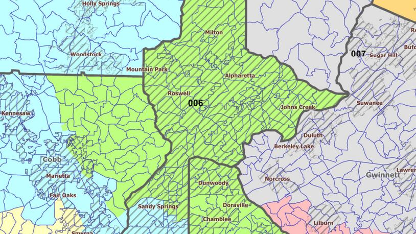 Georgia's 6th Congressional District (shown in green) covers east Cobb County, north Fulton County and North DeKalb County. But the boundaries of all 14 of Georgia's congressional districts may change during redistricting or reapportionment in time for the 2022 elections. (Georgia Legislative and Reapportionment Office Map)