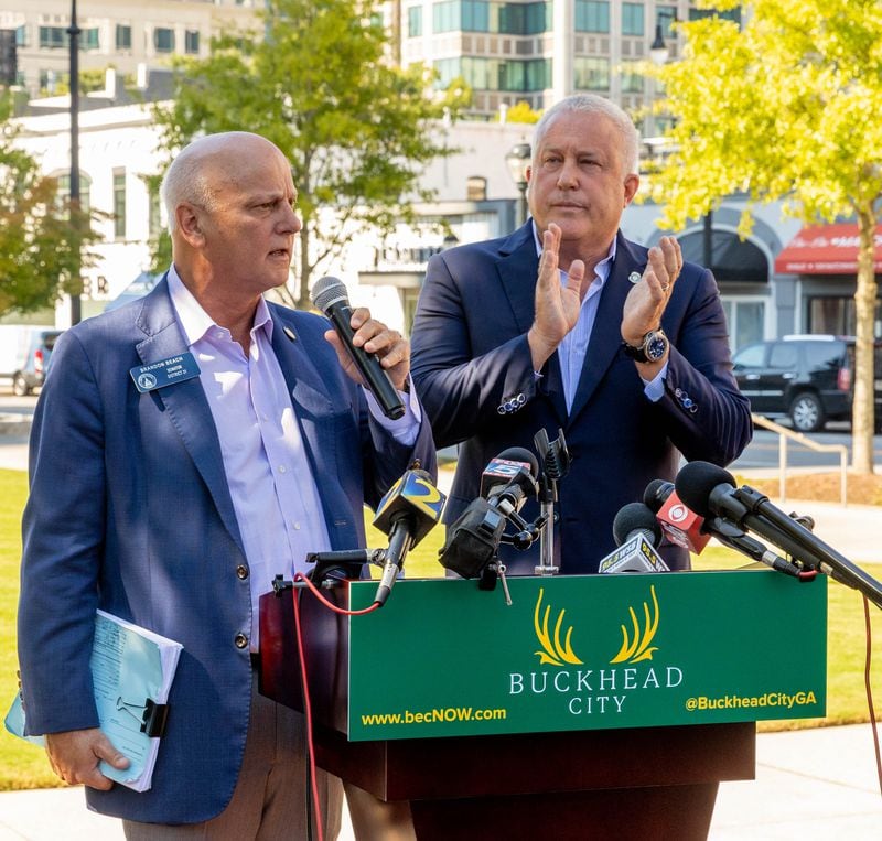 State Sen. Brandon Beach, left, is the sponsor of legislation that would allow residents of Buckhead to vote on whether to break away from the rest of the city of Atlanta. The effort is being pushed by the Buckhead City Committee, which is led by Bill White. (Jenni Girtman for The Atlanta Journal-Constitution)