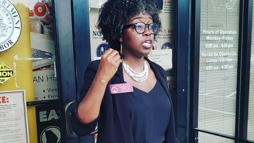 A Dacula resident and three Georgia state representatives, including Jasmine Clark (D-Lilburn), gathered outside the closed Norcross location of the Georgia Department of Labor on Thursday, June 24. (Courtesy of Jasmine Clark)