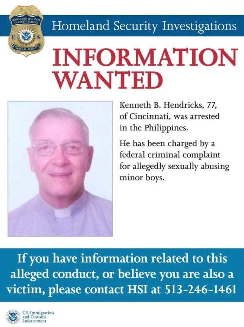 A U.S. Immigration and Customs Enforcement flyer released by the Archdiocese of Cincinnati seeks information about American Roman Catholic priest Rev. Kenneth Bernard Hendricks, who was arrested Dec. 5, 2018, in the Philippines. Hendricks, 77, is accused of sexually assaulting altar boys in a church in Naval in the island province of Biliran, central Philippines, in a case one official described as "shocking and appalling."