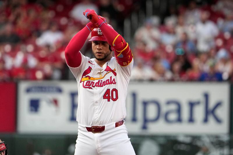 St. Louis Cardinals' Willson Contreras celebrates after hitting a double during the first inning of a baseball game against the New York Mets Tuesday, May 7, 2024, in St. Louis. (AP Photo/Jeff Roberson)