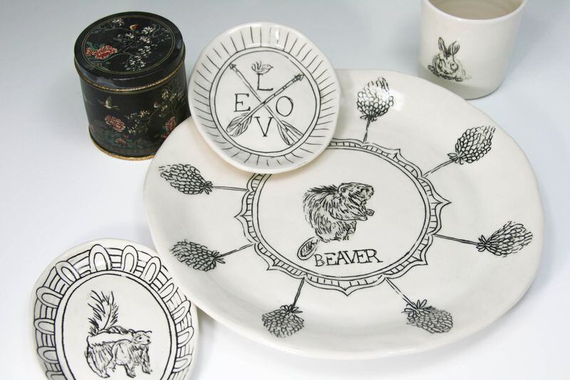 In Tennessee, Hope Bailey makes wheel-thrown and hand-built tableware with hand-drawn imagery from her woodland animal series. Contributed by hope + mary