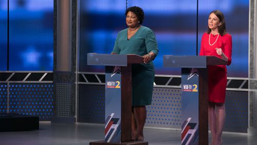 Democratic candidates for governor Stacey Abrams, left, and Stacey Evans during the Atlanta Journal-Constitution, Channel 2 Action News debate, Sunday, May 20, 2018, in Atlanta. BRANDEN CAMP/SPECIAL