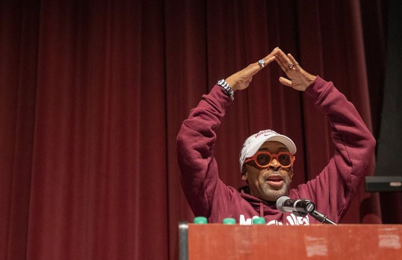 Spike Lee leads Morehouse men in a school cheer during Morehouse’s inaugural Human Rights Film Festival at Morehouse College in Atlanta on Oct. 12, 2019. CONTRIBUTED BY SEAN MCNEIL