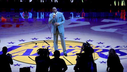 Earvin 'Magic' Johnson addresses the crowd as he pays tribute to Kobe Bryant #24 of the Los Angeles Lakers before Bryant plays his final NBA game at Staples Center on April 13, 2016 in Los Angeles, California. NOTE TO USER: User expressly acknowledges and agrees that, by downloading and or using this photograph, User is consenting to the terms and conditions of the Getty Images License Agreement. (Photo by Sean M. Haffey/Getty Images)