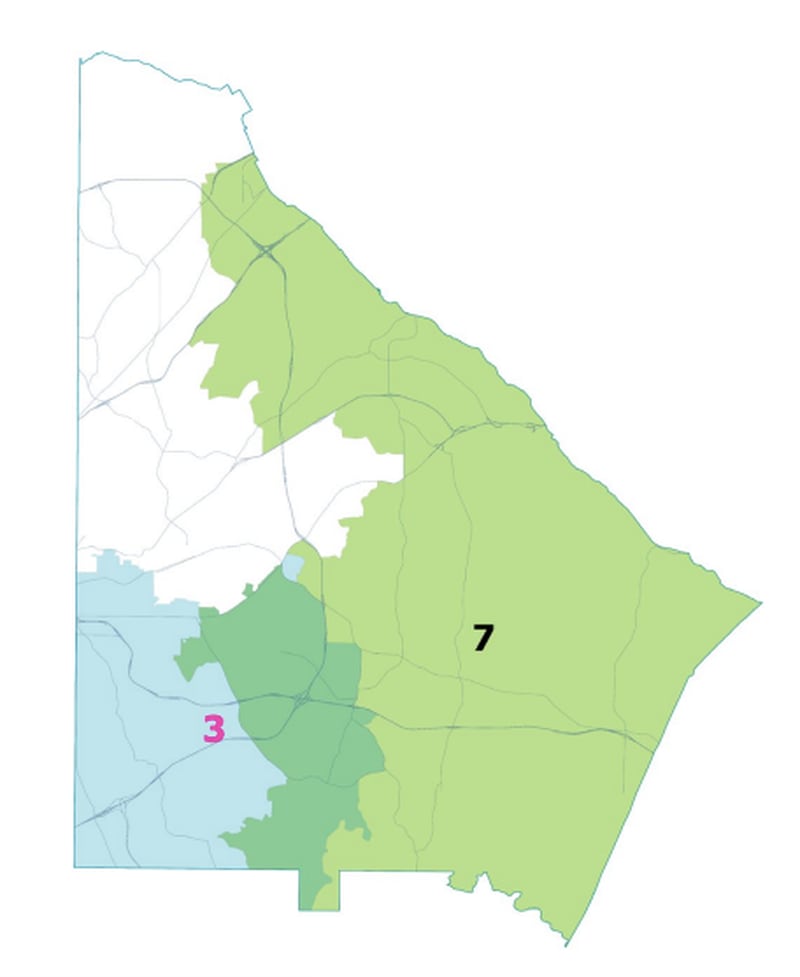 DeKalb residents who live in the area shaded dark green will not have any representation on the DeKalb County Board of Commission until a special election is held in November. 