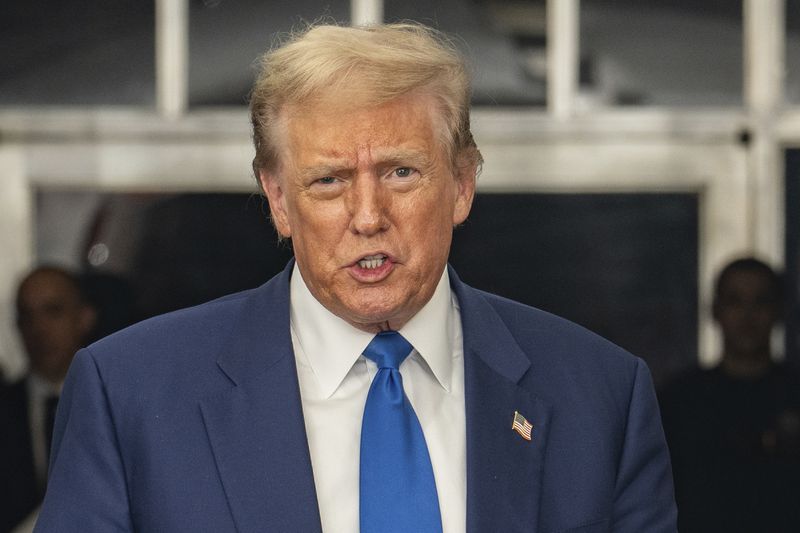 Former President Donald Trump speaks to the media at Manhattan criminal court, Friday, May 3, 2024, in New York. (Jeenah Moon/Pool Photo via AP)