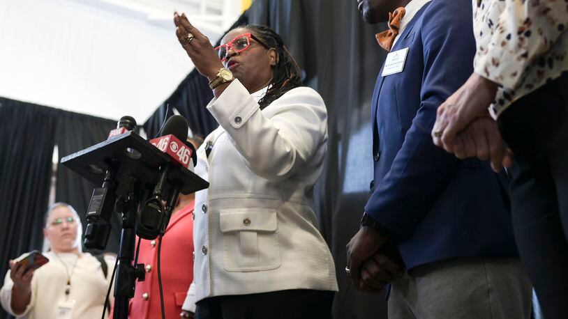 The DeKalb County School Board Chair Vickie B. Turner speaks at a news conference on April 27, 2022. Turner led the recent vote to fire Cheryl Watson-Harris as superintendent. (Natrice Miller / natrice.miller@ajc.com)