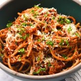 Spaghetti with Mushroom Ragu. This vegetarian dish can become vegan by simply omitting the Parmesan cheese and rind.
(CHRIS HUNT FOR THE ATLANTA JOURNAL-CONSTITUTION)