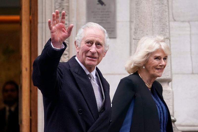 FILE - Britain's King Charles III and Queen Camilla leave The London Clinic in central London, Monday, Jan. 29, 2024. King Charles III’s decision to be open about his cancer diagnosis has helped the new monarch connect with the people of Britain and strengthened the monarchy in the year since his dazzling coronation at Westminster Abbey. (AP Photo/Alberto Pezzali), File)