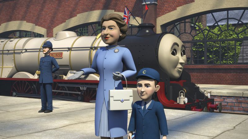 This photo made available on Monday April 27, 2020 by Mattel, shows a scene featuring Britain's Queen Elizabeth II and  Prince Charles as a boy from an animated special 'Thomas & Friends: The Royal Engine' released to mark the 75th anniversary of Thomas The Tank Engine. The special includes a special introduction from Prince Harry. The special will be screened in the US on Netflix on 1 May, 2020 and in the UK on Channel 5 Milkshake at 9:05 am on 2 May, 2020. (Mattel via AP)