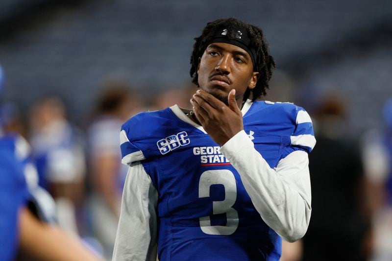 Georgia State Panthers quarterback Darren Grainger (3) reacts during the closing minutes of their loss to the Coastal Carolina Chanticleers at Center Parc Stadium, Thursday, September 22, 2022, in Atlanta. Coastal Carolina won 41-24. (Jason Getz / Jason.Getz@ajc.com)