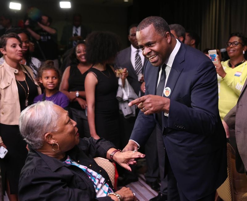 Atlanta Mayor Kasim Reed greets supporters at the election watch party for Atlanta mayoral candidate Keisha Lance Bottoms.