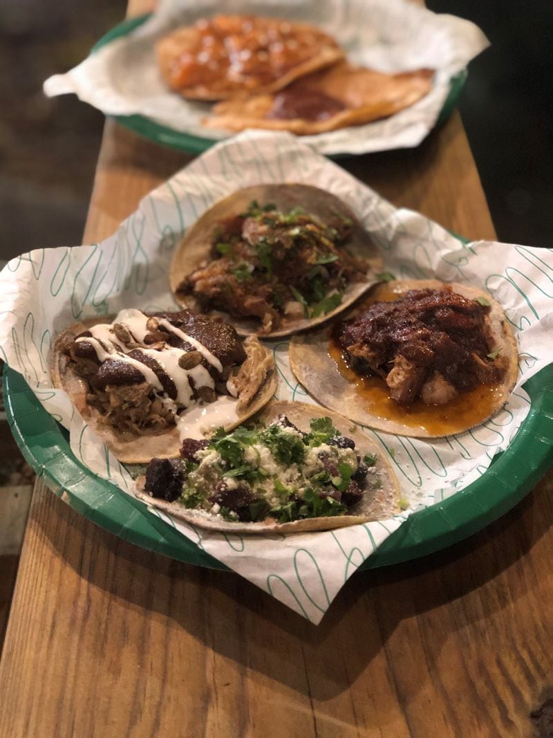 Tacos are supreme at Supremo Taco on Memorial Drive. From top clockwise are lamb barbacoa; carnitas and chicharron; carne asada; and chicken mole poblano. CONTRIBUTED BY WENDELL BROCK