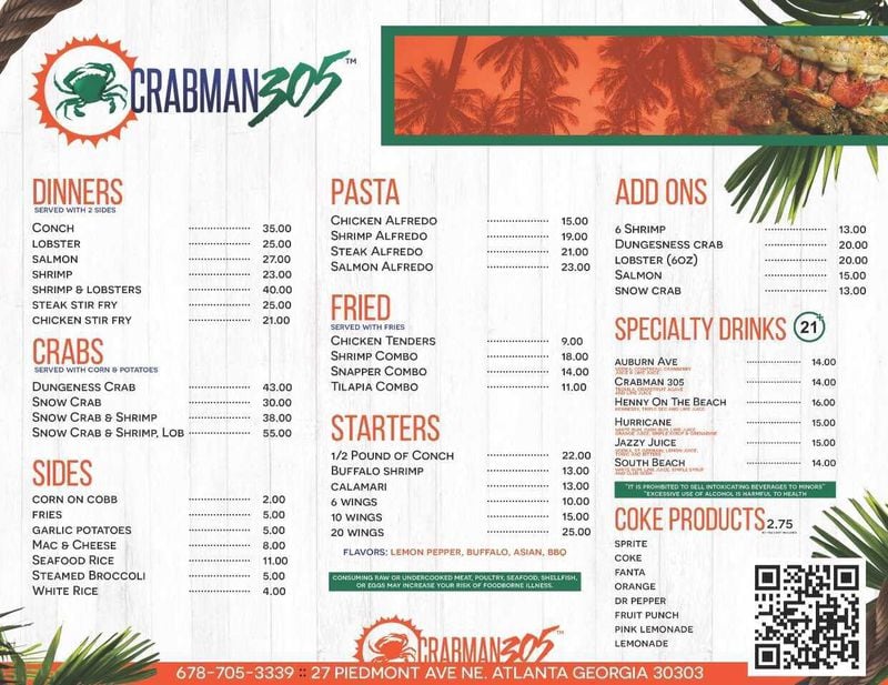 The menu for Crabman 305.