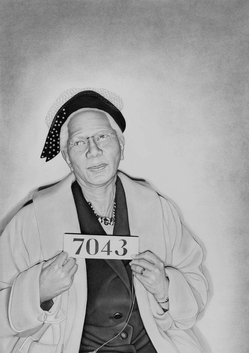 Lava Thomas (American, born 1958),
"Mrs. A. W. West, Senior", 2018, from the
series "Mugshot Portraits: Women of the Montgomery Bus Boycott," graphite and Conté pencil on paper, Collection of Nicola Miner and Robert Mailer Anderson, San Francisco, California. Photo credit Phillip Maisel
