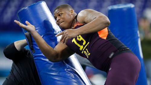 Defensive lineman Quinnen Williams of Alabama works out during day four of the NFL Combine at Lucas Oil Stadium on March 3, 2019 in Indianapolis, Indiana. (Photo by Joe Robbins/Getty Images)