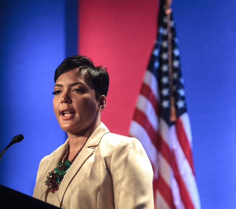 Mayor Keisha Lance Bottoms talks to the crowd during her first State of the City speech in Atlanta GA Wednesday, May 2, 2018. STEVE SCHAEFER / SPECIAL TO THE AJC