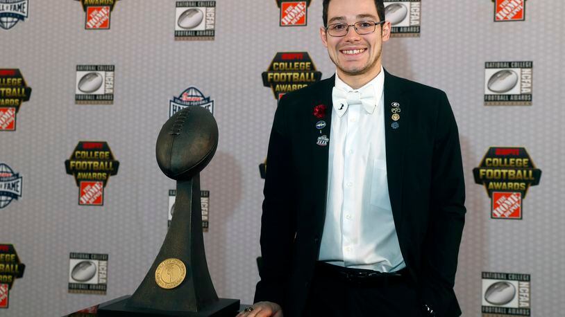 Georgia’s Rodrigo Blankenship poses with the trophy after winning the Lou Groza Award for being the nation's best placekicker Thursday in Atlanta.