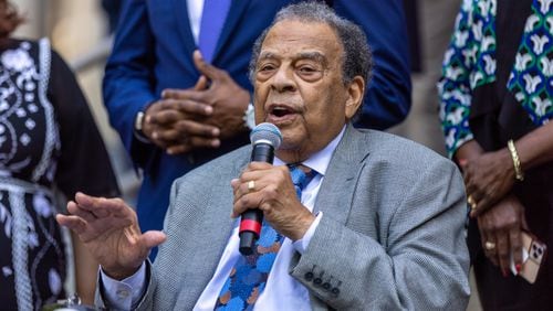 Former Atlanta mayor and United Nations ambassador Andrew Young  speaks at a press conference in front of Atlanta City Hall about the Atlanta Public Safety Training Center on Wednesday, April 19, 2023. (Arvin Temkar / arvin.temkar@ajc.com)