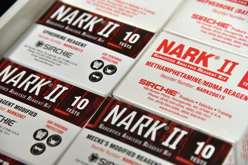 December 19, 2018 Lilburn — Nark II Methamphetamine test reagent kits stored at Lilburn Police Department. HYOSUB SHIN / HSHIN@AJC.COM