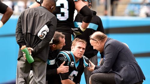 Taylor Heinicke, formerly of the Panthers, injures his elbow against the Falcons during a game in 2018. The NFL, along with the NFL Physicians Society and the Professional Football Athletic Trainer Society, will start a program with four Historically Black Colleges and Universities medical schools, including the Morehouse School of Medicine, to increase diversity in the sports medicine field and within the league’s 32 teams. (Photo by Grant Halverson)