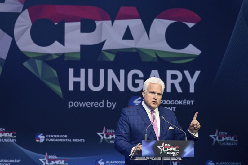 The chairman of the American Conservative Union (ACU) and Chairman of the CPAC Foundation Matt Schlapp delivers a speech at the third Hungarian edition of the Conservative Political Action Conference (CPAC) in Budapest, Hungary, Thursday, April 25, 2024. The two-day event is hosted from April 25 to 26 by the Center for Fundamental Rights of Hungary for the third consecutive year. (Szilard Koszticsak/MTI via AP)