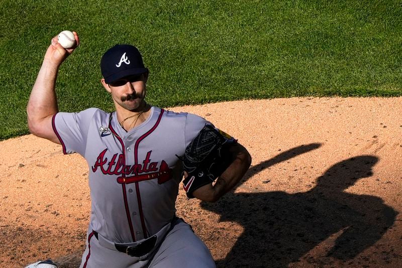Atlanta Braves' Spencer Strider pitches during the fifth inning of an Opening Day baseball game against the Philadelphia Phillies, Friday, March 29, 2024, in Philadelphia.  (AP Photo/Matt Rourke)