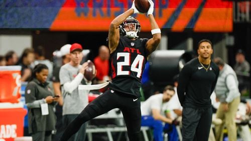Atlanta Falcons cornerback A.J. Terrell (24) catches the ball during warm-ups before the Falcons game against the Tampa Bay Buccaneers on Sunday, Dec. 10, at Mercedes-Benz Stadium in Atlanta. Cornerback A.J. Terrell cleared concussion protocol on Saturday and is slated to start.
Miguel Martinez/miguel.martinezjimenez@ajc.com