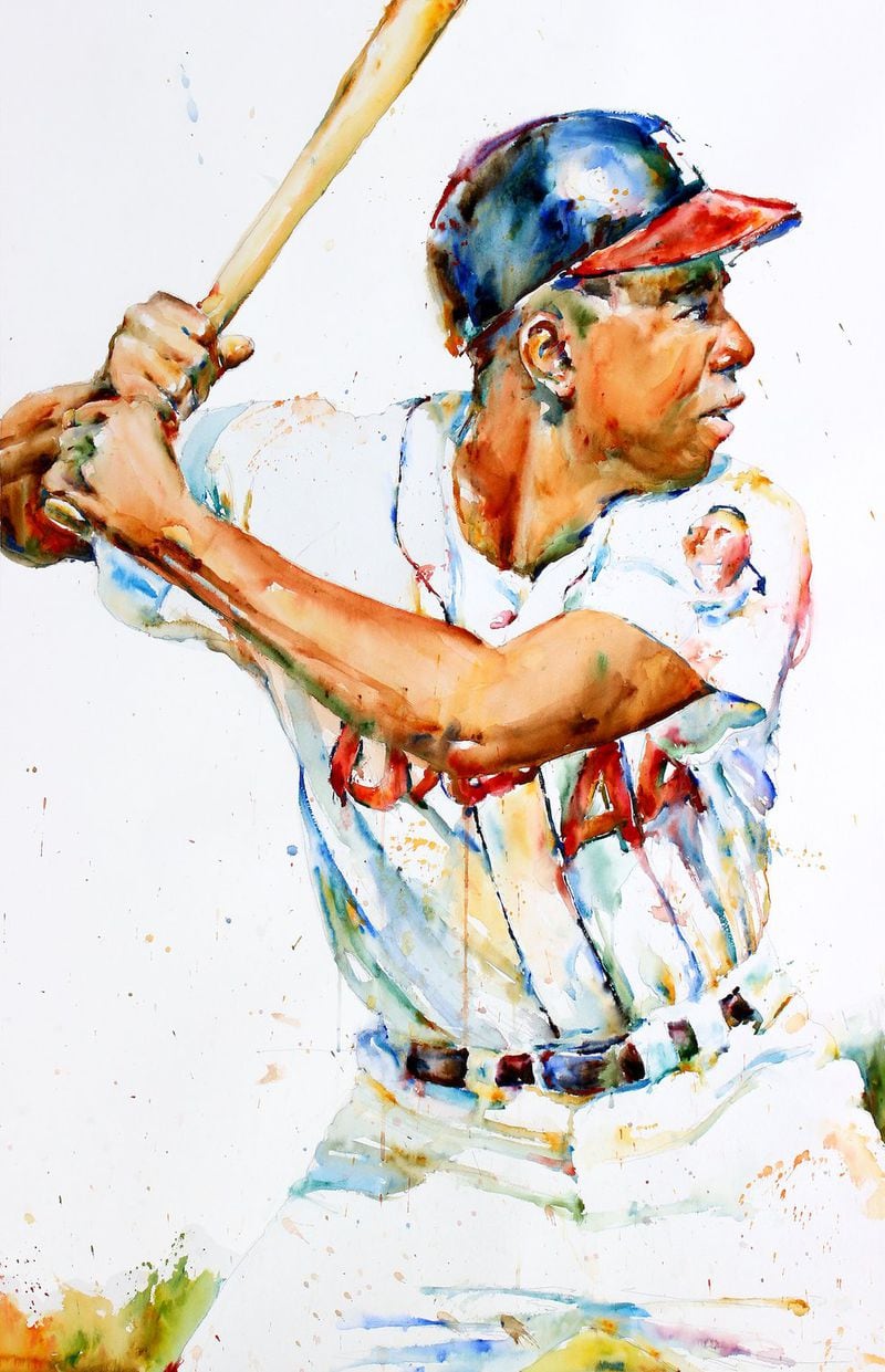 Richard Sullivan’s depictions of the World Series champion Milwaukee Braves include a painting of Hank Aaron, who later moved with the team to Atlanta.