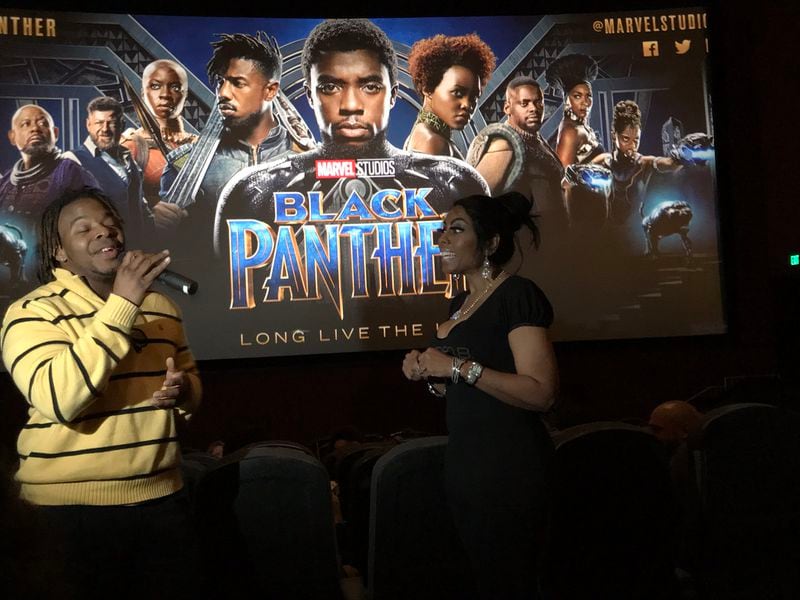  Sasha the Diva (right), the afternoon jock at Kiss 104.1, had some contestants sing for prizes before a "Black Panther" screening Tuesday night, February 13, 2018. CREDIT: Rodney Ho/rho@ajc.com