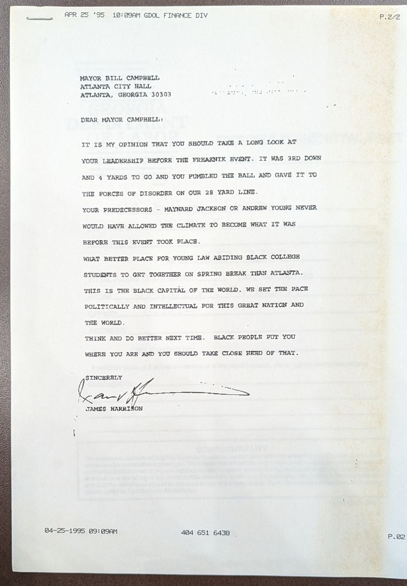 A letter sent to Mayor Bill Campbell on his handling of Freaknik in 1995.

From the Southern Christian Leadership Conference's archives, housed in the Joseph Echols and Evelyn Gibson Lowery Collection at the Atlanta University Center Robert W. Woodruff Library.