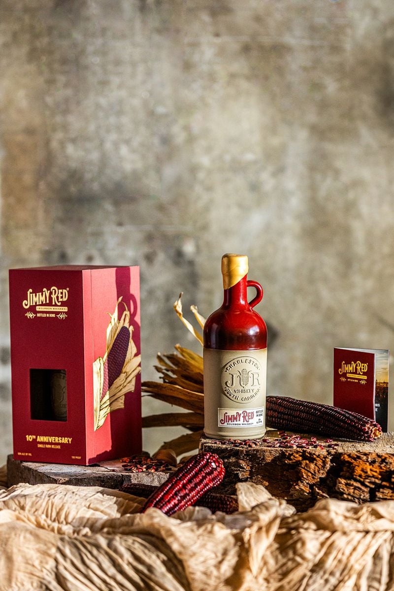 High Wire's bottled-in-bond Jimmy Red bourbon whiskey, made with 100% Jimmy Red corn, comes in a hand-glazed stoneware bottle. Courtesy of High Wire Distilling